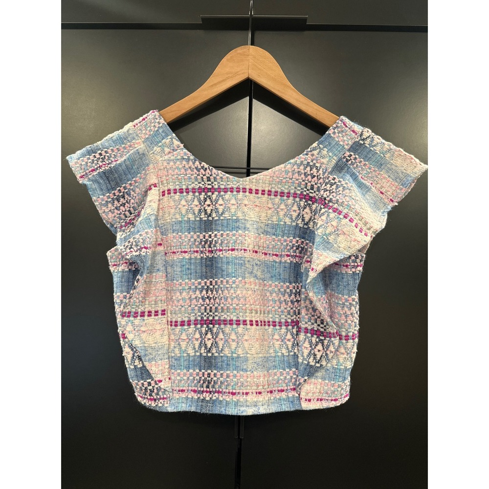 KOCH Cecilia‎ Top Blue Pink Tweed Ruffle Crop Top XS Made in USA